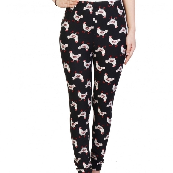 BLACK & White chicken bird print full length Leggings Size 2-10 NWT - Picture 1 of 1